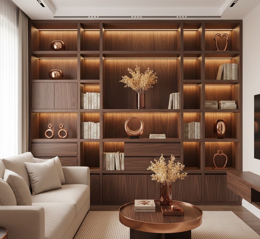 Moderne woonkamer met houten wandorganizer