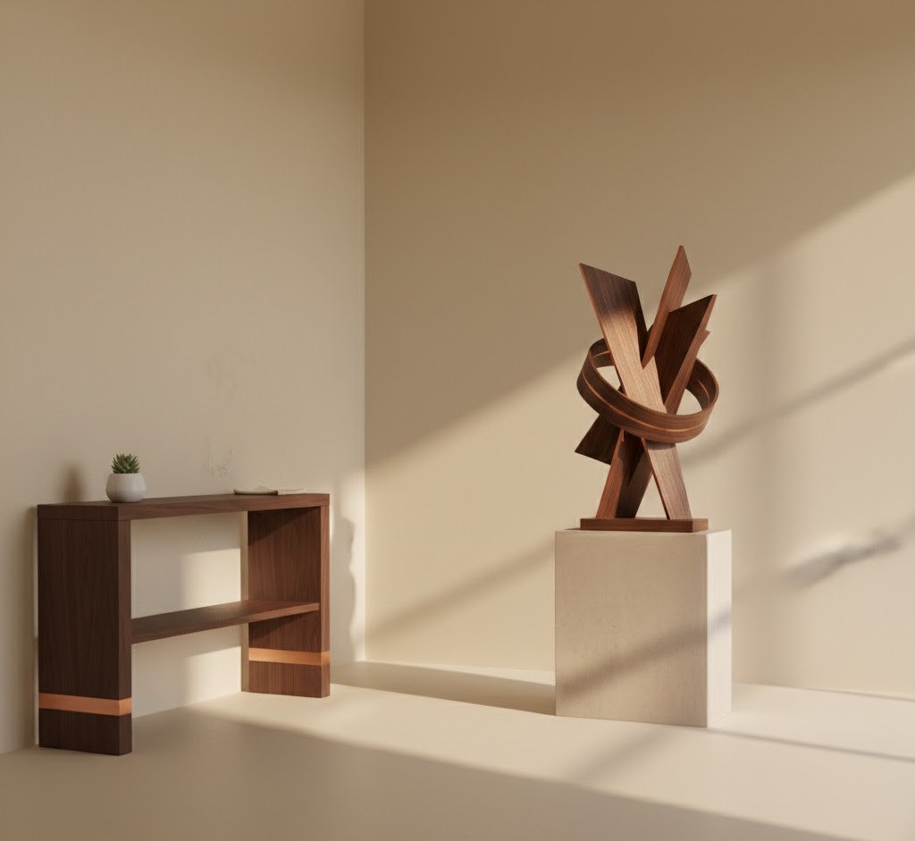 Minimalistische woonkamer met houten sculptuur